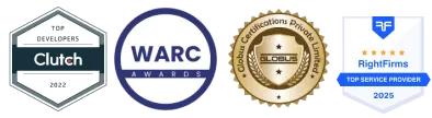 Clutch Top Developers 2022, WARC Awards, Globus Certifications, and RightFirms Top Service Provider 2025 badges